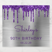 Paarse Glitter Drip Zilver 90ste Verjaardagsfeest Sparkling Wijnetiket (Enkel label)