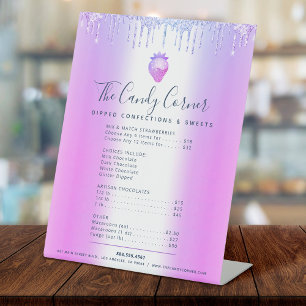 Paarse Glitter Druppels Dessert Zoete Menu Prijsli Reclamebord Met Voetstuk