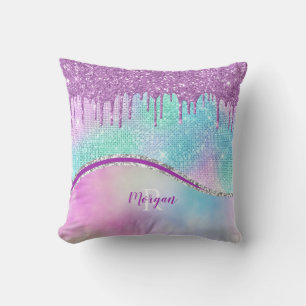 Paarse Glitter Druppels & Glans, Naam & Monogram Kussen