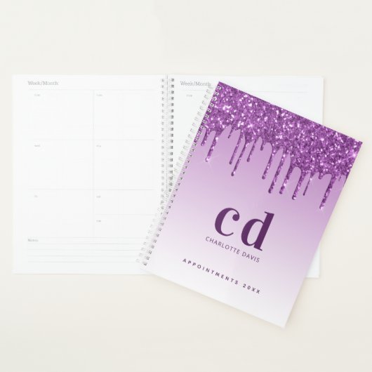 Paarse glitter druppels violet monogram 2025 planner (Display)
