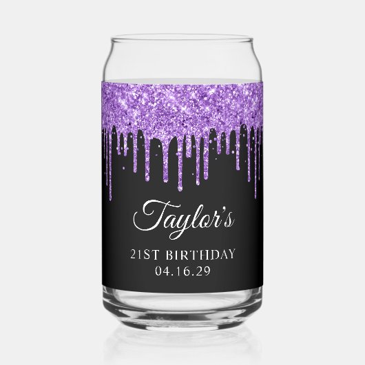 Paarse glitter druppels zwart 21e verjaardag blikvorm glas (Voorkant)