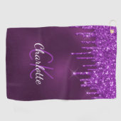 Paarse glitter druppelt monogram initiaal naam golfhanddoek (Horizontaal)