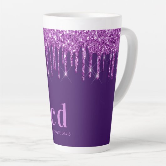 Paarse glitter druppelt monogram initiaal naam latte mok (Rechterhoek)