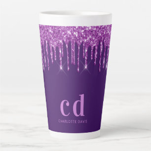 Paarse glitter druppelt monogram initiaal naam latte mok