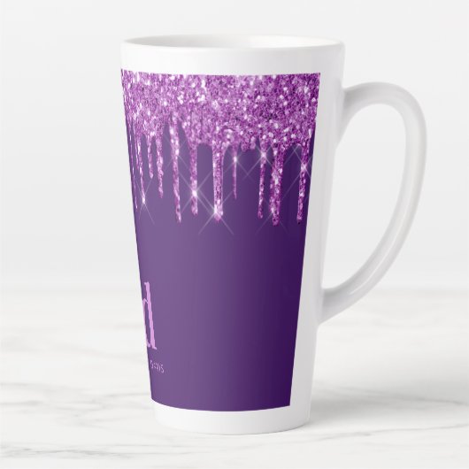 Paarse glitter druppelt monogram initiaal naam latte mok (Rechts)