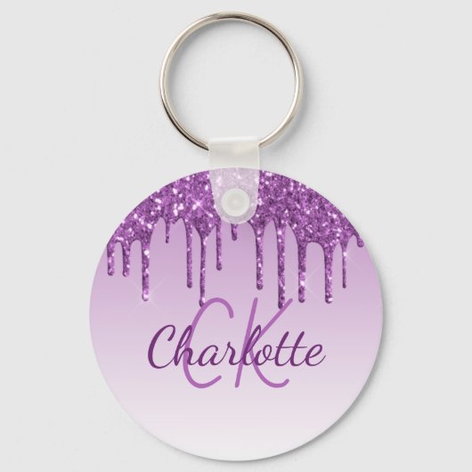 Paarse glitter druppelt monogram initiaal naam sleutelhanger (Voorkant)