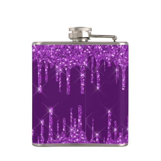 Paarse glitter druppelt monogram naam heupfles (Achterkant)