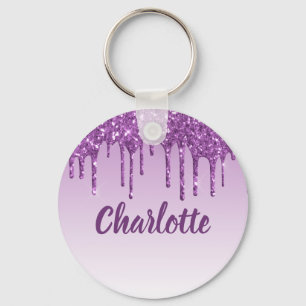 Paarse glitter druppelt monogram naam sleutelhanger