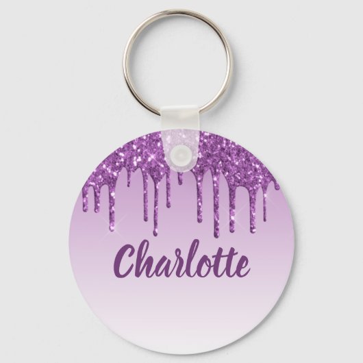Paarse glitter druppelt monogram naam sleutelhanger (Voorkant)