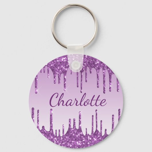 Paarse glitter druppelt monogram naam sleutelhanger (Voorkant)