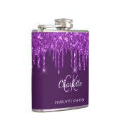 Paarse glitter druppelt monogram naamscript heupfles (Rechts)