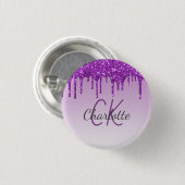 Paarse glitter druppelt monogram naamscript ronde button 3,2 cm (Voorkant /achterkant)