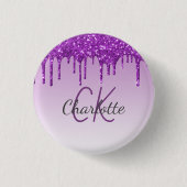 Paarse glitter druppelt monogram naamscript ronde button 3,2 cm (Voorkant)