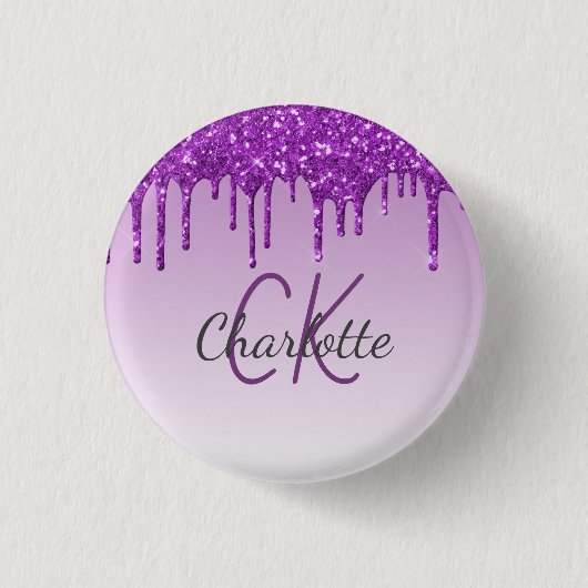 Paarse glitter druppelt monogram naamscript ronde button 3,2 cm (Voorkant)