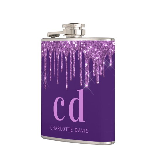 Paarse glitter druppelt roze aangepaste monogram n heupfles (Links)