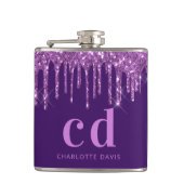 Paarse glitter druppelt roze aangepaste monogram n heupfles (Voorkant)