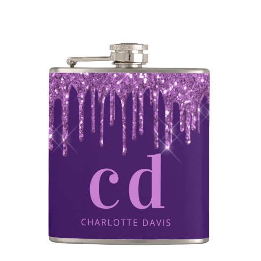 Paarse glitter druppelt roze aangepaste monogram n heupfles (Voorkant)