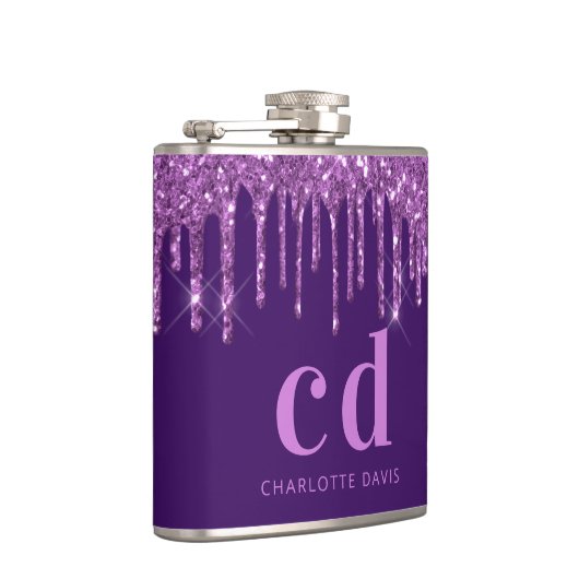 Paarse glitter druppelt roze aangepaste monogram n heupfles (Rechts)