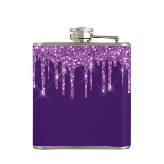 Paarse glitter druppelt roze aangepaste monogram n heupfles (Achterkant)