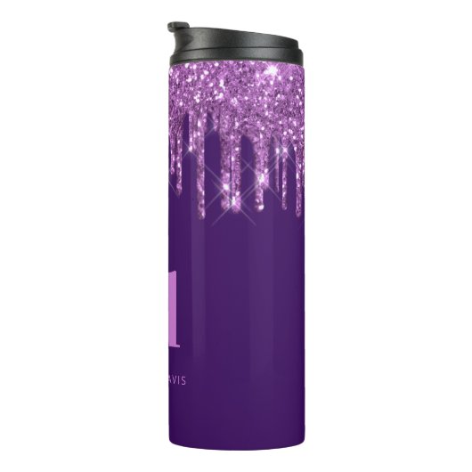 Paarse glitter druppelt roze aangepaste monogram n thermosbeker (Geroteerd rechts)
