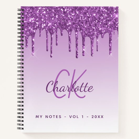 Paarse glitter druppelt violet monogram notitieboek (Voorkant)