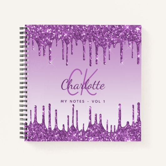 Paarse glitter druppelt violet monogram notitieboek (Voorkant)