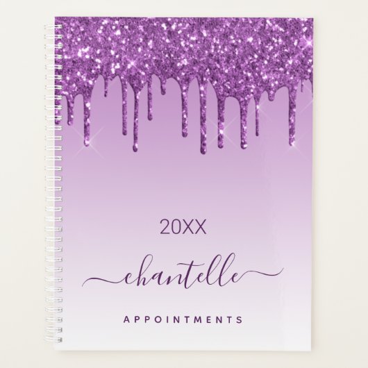 Paarse glitter druppelt violette naam 2026 planner (Voorkant)