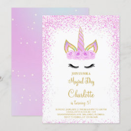 Paarse Glitter Eenhoorn Verjaardagsuitnodiging Kaart