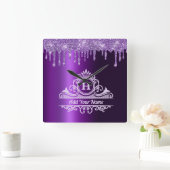 PAARSE GLITTER ELEGANT MONOGRAM WALL CLOCK VIERKANTE KLOK (Huis)