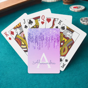 Paarse Glitter en Glitter Monogram Pokerkaarten