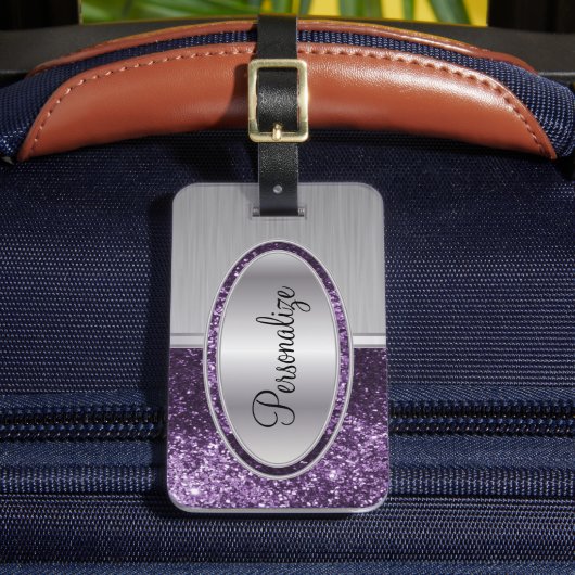 Paarse glitter- en metaalpenseelafdrukken bagagelabel (Voorkant Insitu 2)
