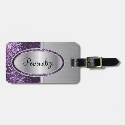 Paarse glitter- en metaalpenseelafdrukken bagagelabel (Voorkant horizontaal)