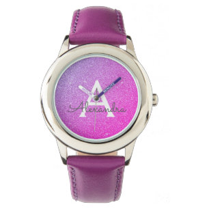 Paarse Glitter en Sparkle Monogram Luxe Horloge