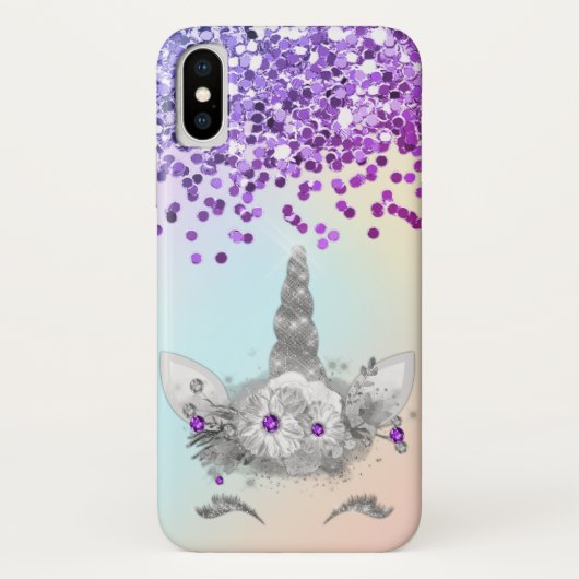 Paarse glitter en zilver Unicorn Case-Mate iPhone Case (Achterkant)