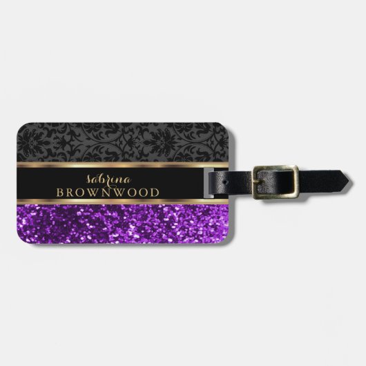 Paarse glitter en zwarte Damask Bagagelabel (Voorkant horizontaal)