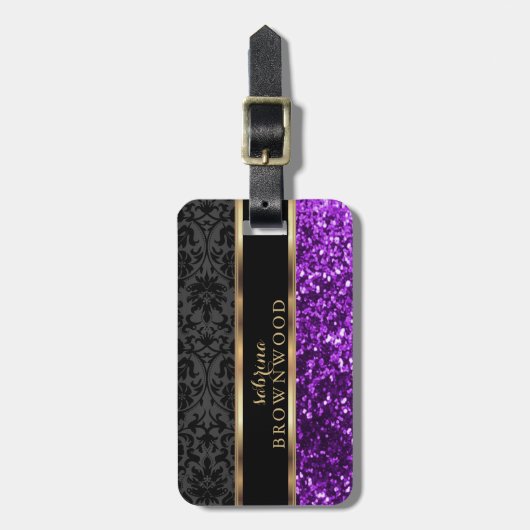 Paarse glitter en zwarte Damask Bagagelabel (Voorkant verticaal)