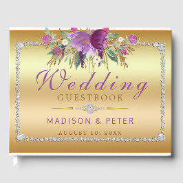 Paarse Glitter Flowers Diamonds Gold Bruiloft Gastenboek