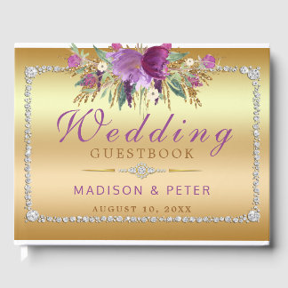 Paarse Glitter Flowers Diamonds Gold Bruiloft Gastenboek