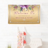 Paarse Glitter Flowers Diamonds Gold Bruiloft Spandoek (Insitu)