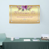 Paarse Glitter Flowers Diamonds Gold Bruiloft Spandoek (Beurs)