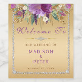 Paarse Glitter Flowers Diamonds Wedding Gold Wijn Etiket (Enkel label)