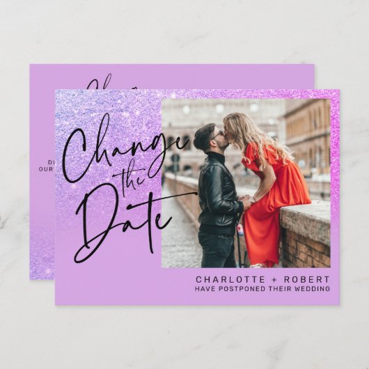 Paarse glitter foto bruiloft verandert datum aankondigingskaart (Voorkant / Achterkant)