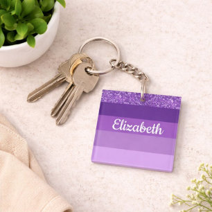 Paarse Glitter Gestreepte Monogram Sleutelhanger