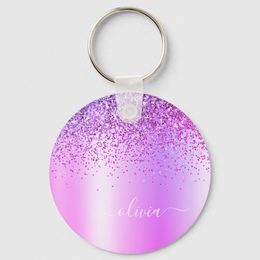 Paarse Glitter Glam Metaal Monogram Naam Sleutelhanger (Voorkant)