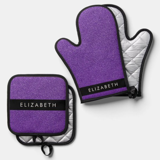 Paarse Glitter, Glitter Achtergrond, Jouw naam Ovenwant & Pannenlap Set (Voorkant / Achterkant)