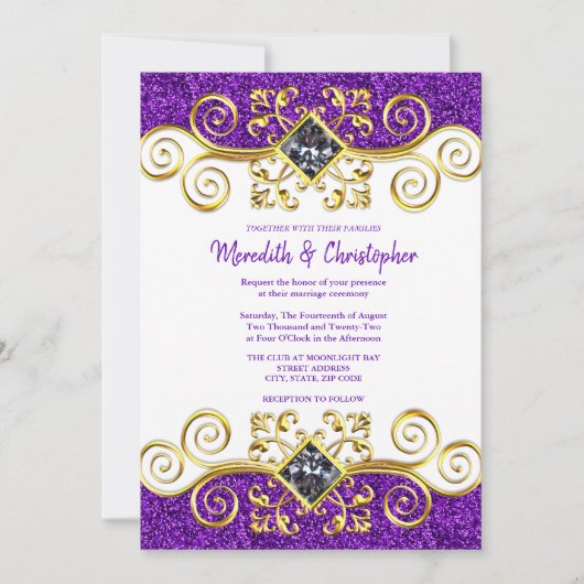 Paarse Glitter Gold Gemstone Wedding Uitnodiging (Voorkant)