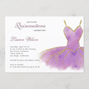 Paarse Glitter Gown Quinceanera-uitnodiging Kaart