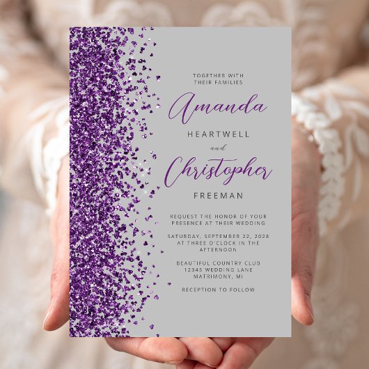 Paarse Glitter Grijze Moderne Script Bruiloft Kaart