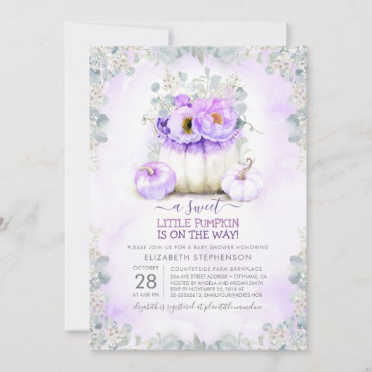 Paarse glitter kleine bloemige pompoen Baby shower Kaart (Voorkant)