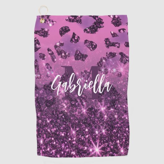 Paarse Glitter Leopard Print Golfhanddoek (Voorkant)